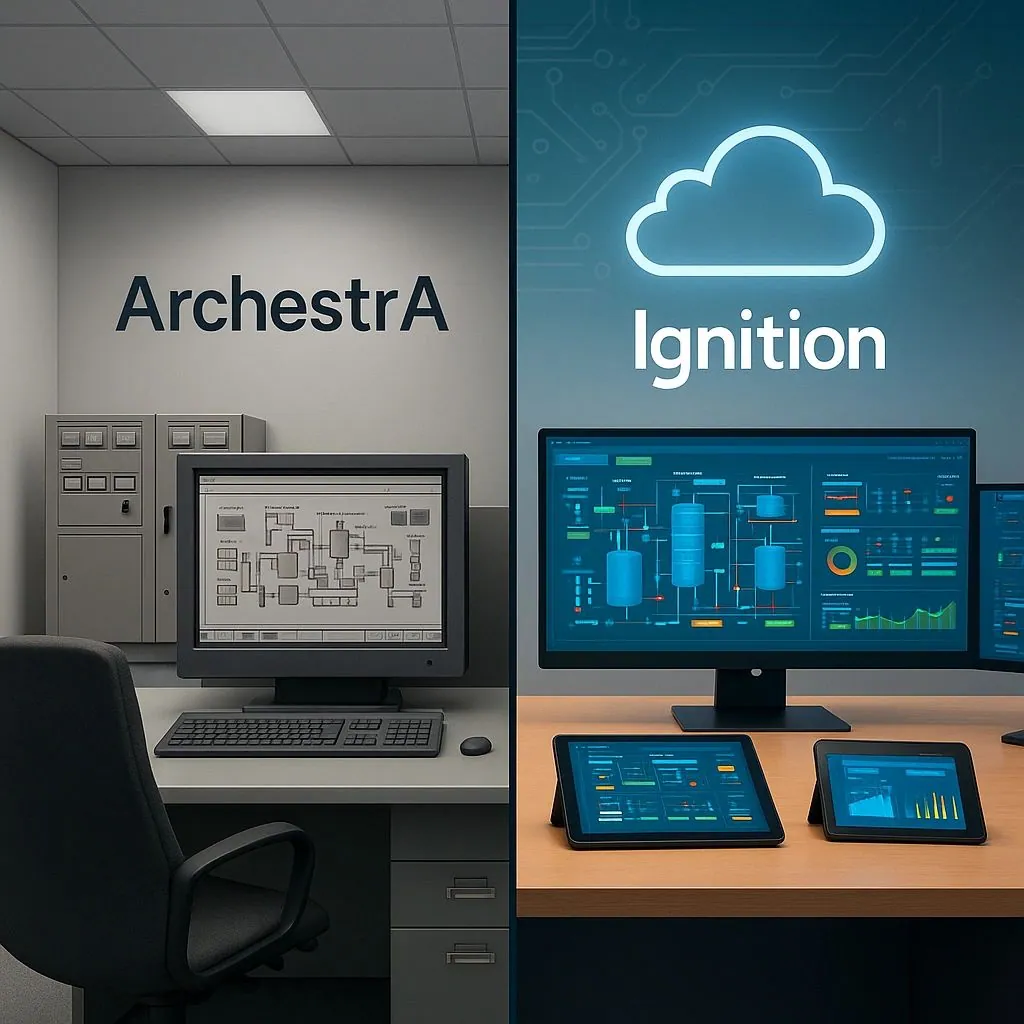 A side-by-side comparison of two SCADA environments: on the left, a legacy ArchestrA workstation with grayscale industrial graphics; on the right, a modern Ignition interface featuring vibrant dashboards, tablet integration, and cloud connectivity—highlighting the evolution from traditional to next-generation control systems.