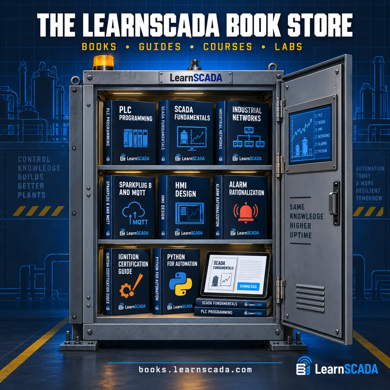 The LearnSCADA Book Store. Thirty-five technical titles on PLCs, SCADA, HMI, industrial networks, MQTT, and Python, sold direct as PDFs at books.learnscada.com, with an Amazon link on every title.